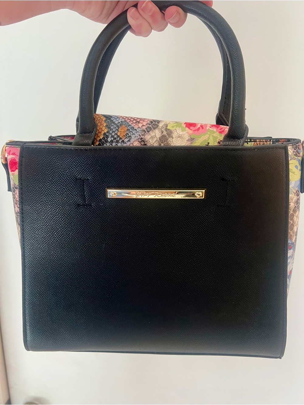 Betsey Johnson Black Satchel with Floral Snake-Print Panels